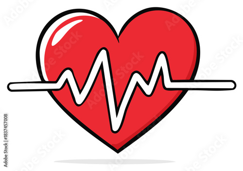 Heartbeat pulse line on a red heart symbol comic style illustration for health and life concepts