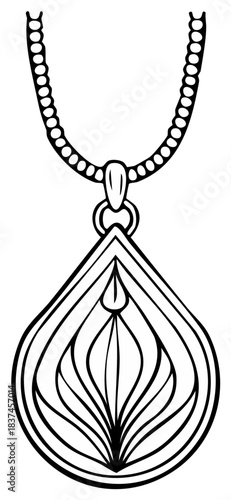 Hand drawn vector illustration of an elegant teardrop pendant necklace with an intricate abstract design.