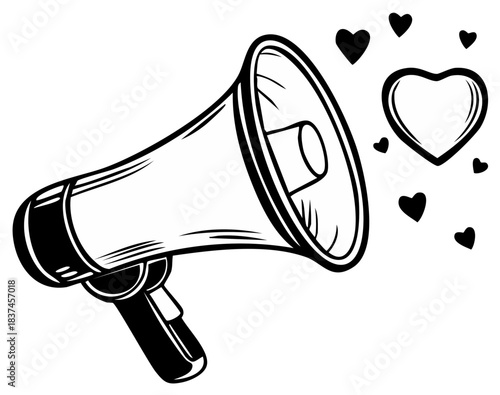 Megaphone loudly announcing love and affection with heart symbols vector graphic