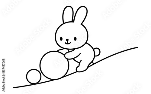 Cute cartoon bunny rolling snowball on a slope in black white line art
