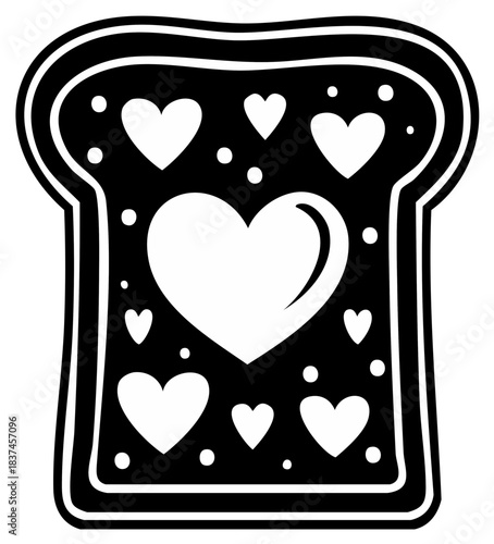 Black and white slice of toast with various hearts and dots, love symbol