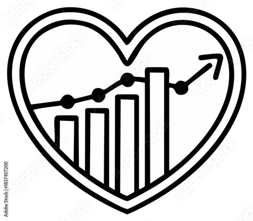 Heart shape enclosing a rising bar chart with an upward trending line graph