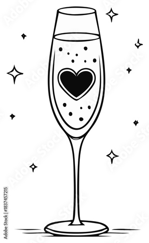 Sparkling Champagne Flute with a Love Heart and Bubbles for a Romantic Celebration