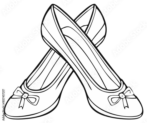 Two elegant women's ballet flats with decorative bows crossed line art illustration