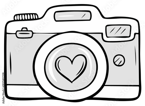 Cartoon camera icon with heart on lens, symbolizing love and passion for photography
