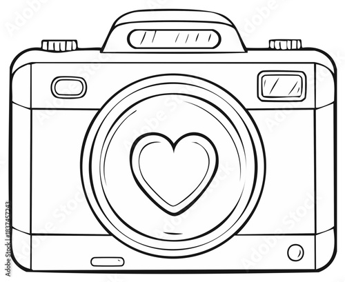 Camera with Heart Symbol on Lens Line Drawing Coloring Page Illustration