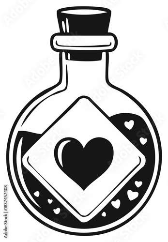 Black and white illustration of a magic love potion in a round bottle with a heart symbol