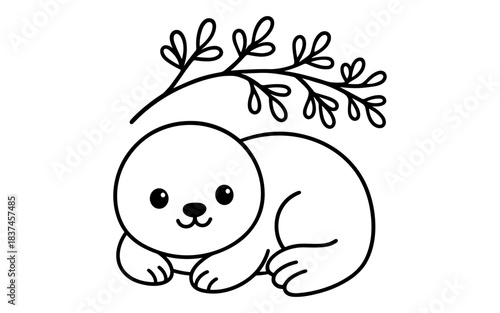 Cute seal pup outline with leaf branch design