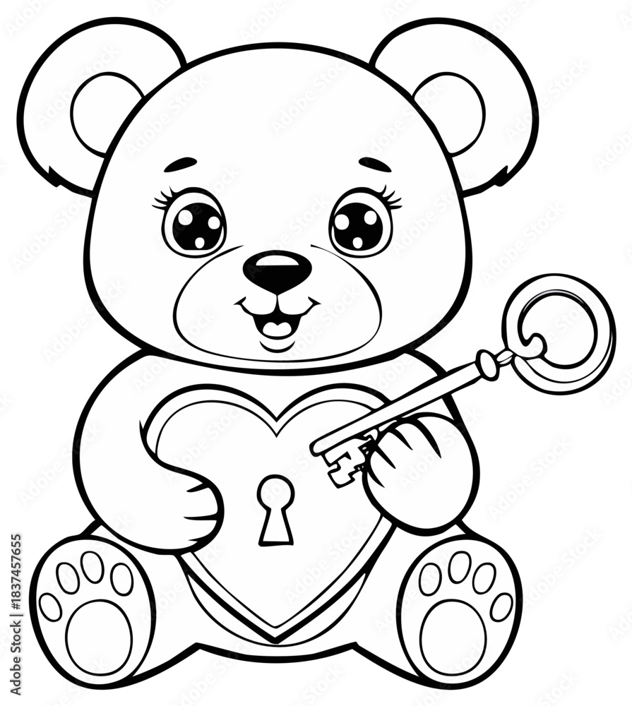 Obraz premium Cute Teddy Bear Holding Heart Lock and Key for Coloring Book Illustration