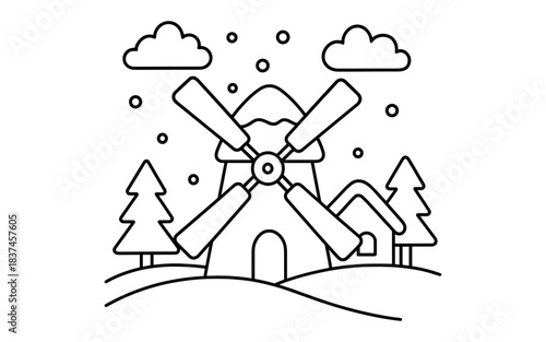 Charming winter windmill scene with snowfall and pine trees in simple line art