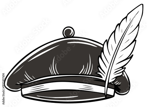 Traditional artist beret with a writer's feather quill pen in a monochrome vector style