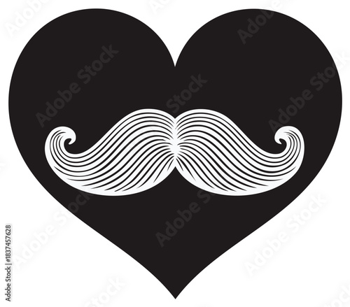 Stylized white handlebar mustache design inside a bold black heart icon graphic