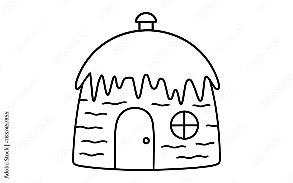 Fototapeta premium Black and white line drawing of a cozy cottage house with round window and rounded roof