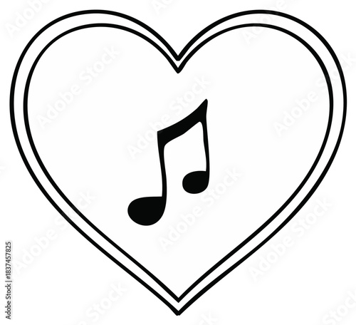 Black music note inside a heart symbol, romantic design element
