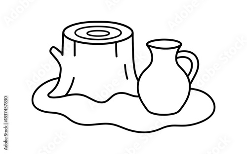 Outline art of tree stump with pitcher on ground