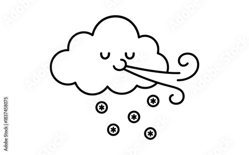 Playful cloud blowing snowflakes in simple line art style