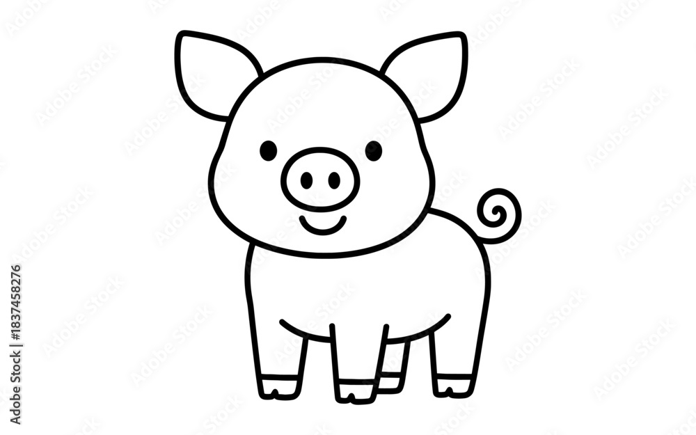 Obraz premium Cute pig outline with curl tail and smiling face on white background