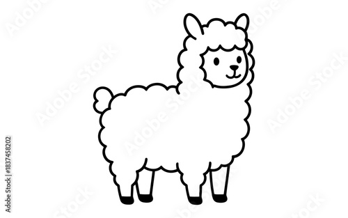 Cute cartoon outline of a smiling alpaca in simple black and white style