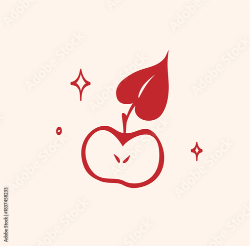Minimal red illustration of apple with leaf and elegant lines and sparkles in vintage style. Element is perfect for greeting cards, invitations, print, wedding, tattoo, packaging, advertising