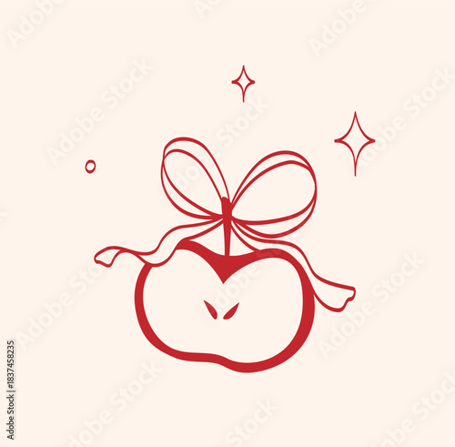Minimal red illustration of apple with tied bow and elegant lines and sparkles in vintage style. Element is perfect for greeting cards, invitations, print, wedding, tattoo, packaging, advertising