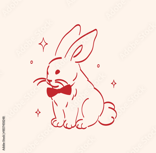 Minimal red lineart illustration of a cute bunny with tied bow and elegant lines and sparkles in vintage style. Element is perfect for greeting card, invitation, print, wedding, packaging, advertising
