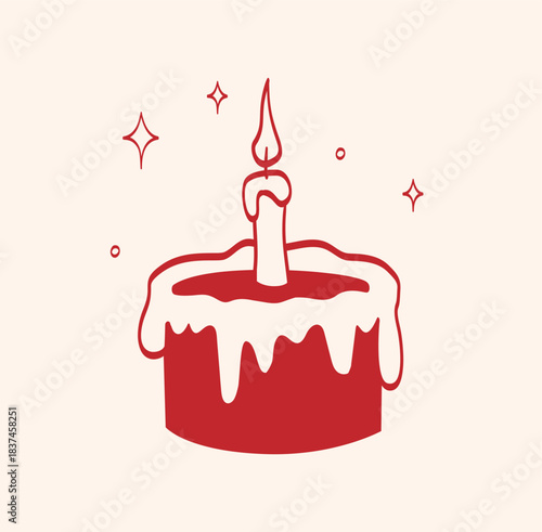 Minimal red illustration of a cake with candle and elegant lines and sparkles in vintage style. Element is perfect for greeting cards, invitations, print, wedding, tattoo, packaging, advertising