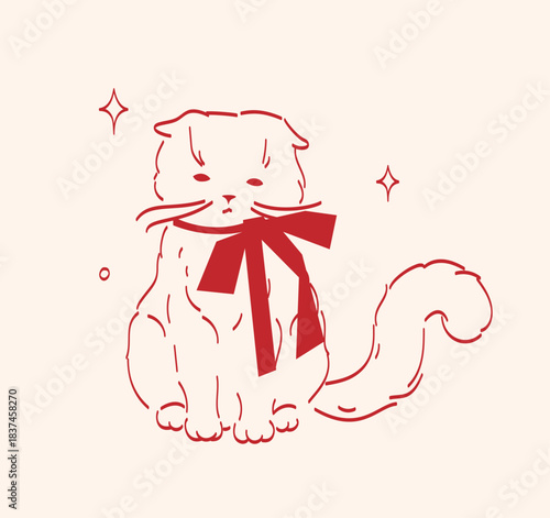Minimal red lineart illustration of a cute cat with tied bow and elegant lines and sparkles in vintage style. Element is perfect for greeting cards, invitations, print, wedding, packaging, advertising