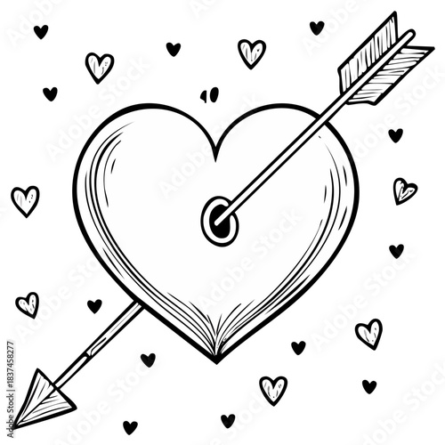 Sketchy Amour: Arrow Pierced Heart Surrounded by Smaller Hearts, Decorative Symbol for Valentine's or Love, Black and White Design