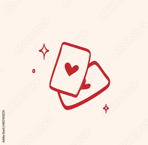 Minimal red illustration of a pair card with hearts and elegant lines and sparkles in vintage style. Element is perfect for greeting cards, invitations, print, wedding, tattoo, packaging, advertising
