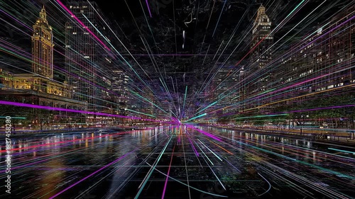 Futuristic Cityscape with Glowing Lines and Buildings at Night.