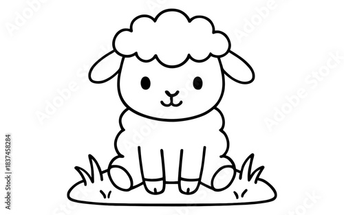 Cute cartoon sheep outline on grass - adorable farm animal in simple line art