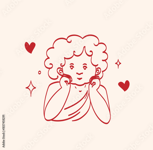 Minimal red lineart illustration of a cute cupid with heart with elegant lines and sparkles in vintage style. Element is perfect for greeting cards, invitations, print, wedding, packaging, advertising