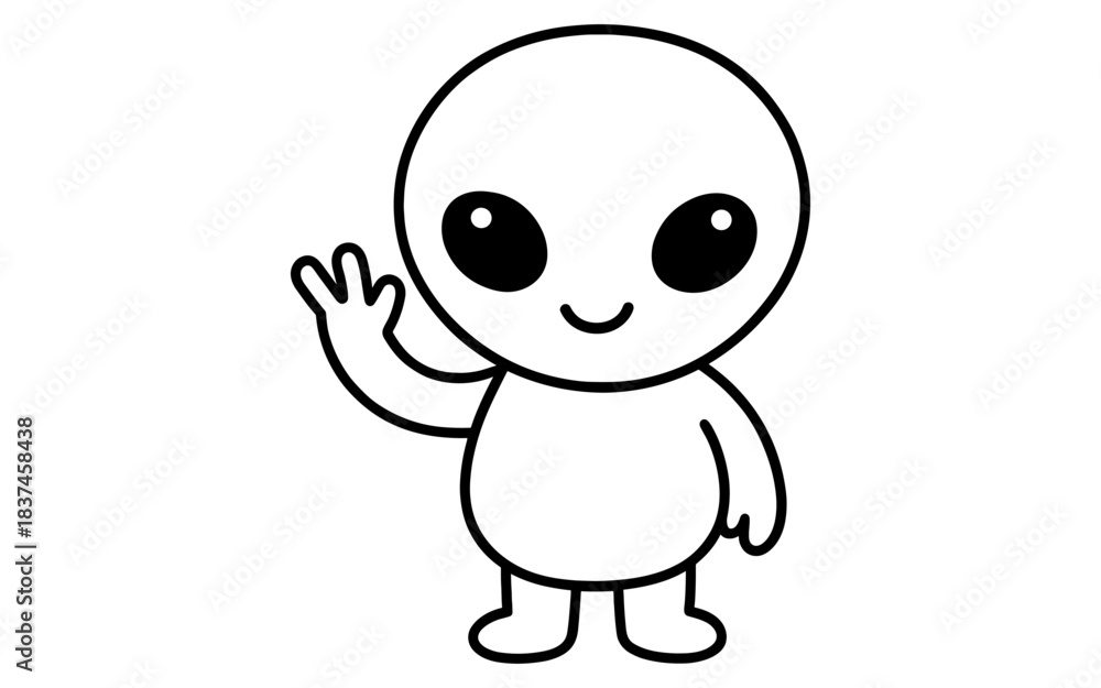 Fototapeta premium Cute smiling character waving in simple black and white cartoon style
