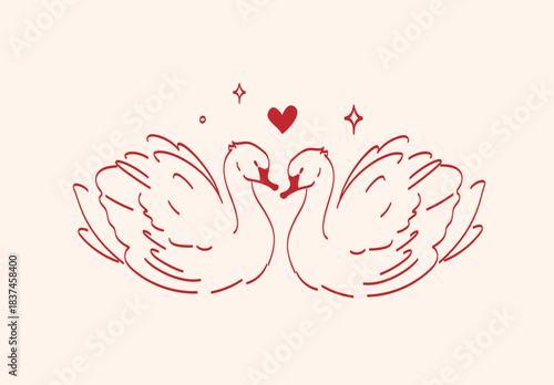 Minimal red lineart illustration of a pair swan with elegant lines and sparkles in vintage style. Element is perfect for greeting cards, invitations, print, wedding.