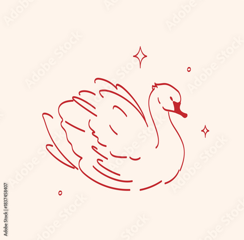 Minimal red lineart illustration of a swan with elegant lines and sparkles in vintage style. Element is perfect for greeting cards, invitations, prints, tattoos.