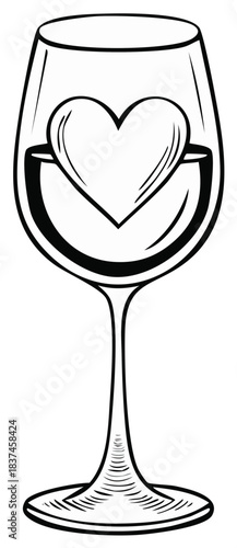 Black and white outline of a wine glass holding a heart shape