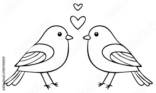 A simple line drawing of two cute birds in love with hearts, coloring page illustration