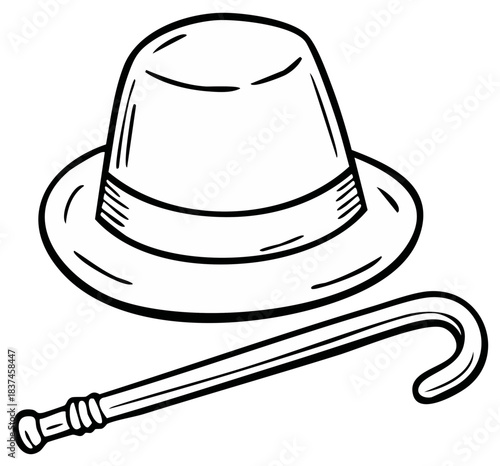 Vintage gentleman accessories with a classic bowler hat and walking cane line art drawing