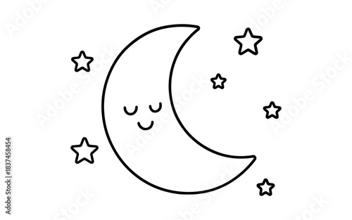 Minimalist moon and stars with smiling face in night sky design