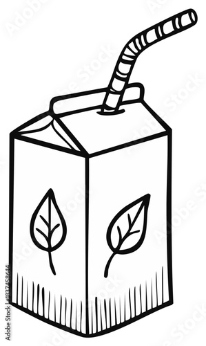 Juice box with a straw and leaves illustration in simple outline style.