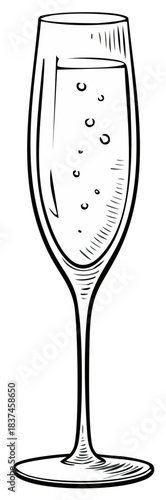 Hand drawn sketch of a flute glass filled with bubbly champagne illustration