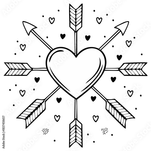 Romantic doodle illustration of a heart pierced by many arrows surrounded by scattered small hearts and dots