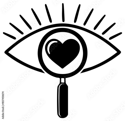 Magnifying glass reveals heart inside eye symbol searching for love or emotion