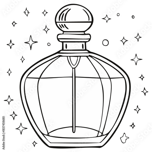 Elegant perfume bottle outline drawing with sparkling stars and decorative elements illustration