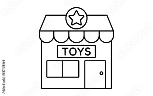 Minimalist toy store icon with star emblem in black and white outline