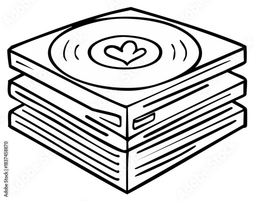 Stacked Music Media Discs with Heart Icon Line Art Drawing