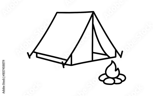 Minimalist camping icon with tent and campfire
