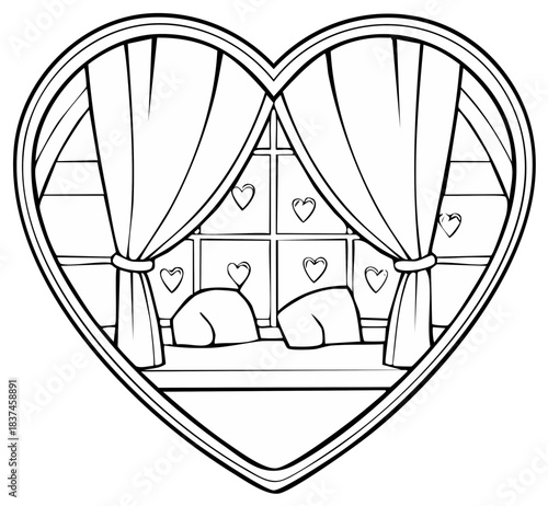 Romantic heart shaped window with draped curtains and decorative small hearts line art