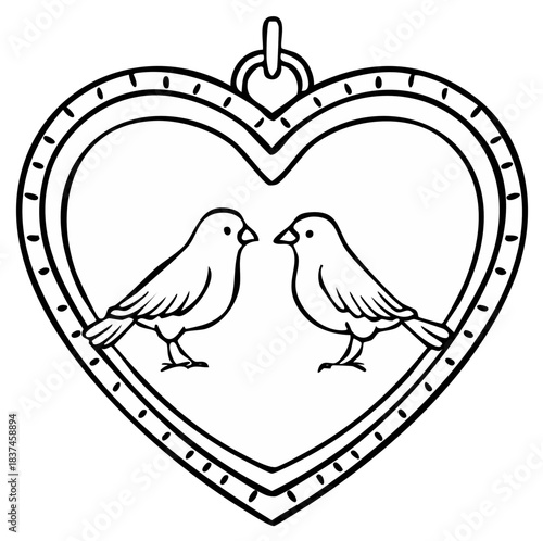 Two cute lovebirds inside a heart shaped locket, a black and white line art illustration for coloring
