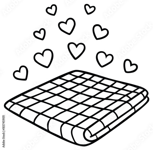 Cute cartoon drawing of a quilted blanket with hearts floating upwards expressing love and comfort
